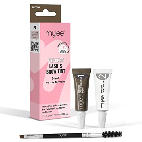 Mylee Express Wimpern & Augenbrauen-Kit – 2-in-1-No-Mix-Formel, Tönung + Developer-Gel + Doppelseitiger Pinsel, Professionelle Wimpern- und Augenbrauenfarbe, Langlebig, Semi-permanent (Braun)