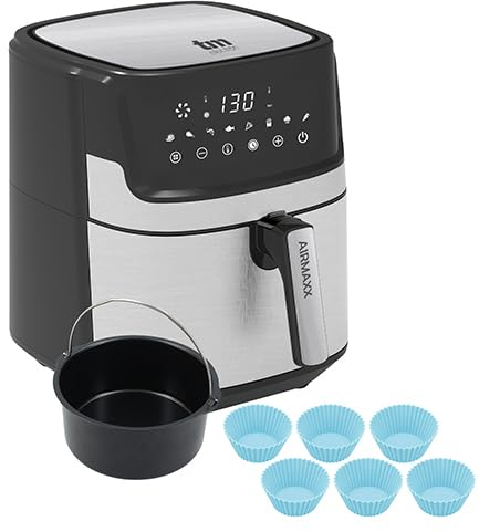 TM Electron TMPFR255 AIRMAXX freidora sin aceite XXL, capacidad de 5,5 litros, cestillo antiadherente, incluye molde para pasteles y 6 moldes de bollería, 8 programas, pantalla táctil, 1700W