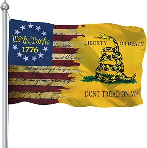 Gadsden Drapeau « We The People » de 1776 x 1,5 m, drapeau Gadsden Don't Tread On Me, double imprimé USA Libertarian Tea Party Rattlesnake Vintage Betsy Ross Drapeau de jardin extérieur avec résistant