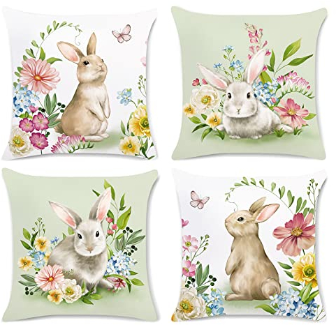 Bonhause 4er Set Kissenbezüge Frühlings Hase 45 x 45 cm Kaninchen Blumen Dekorative Kissenhülle Grün Zierkissenbezüge für Sofa Schlafzimmer Wohnzimmer Garten Zuhause Dekoration