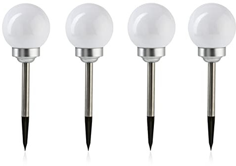 EASYmaxx Solar-Leuchte Kugel 4er-Set | Inkl. Fernbedienung | Timerfunktion | Farbwechsel möglich | Kabellos | Erdspieß zur Befestigung im Boden | Ideal für Garten, Balkon, Auffahrt geeignet [Weiß]