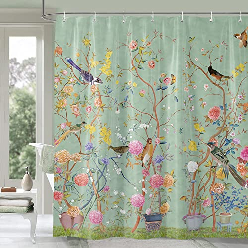 Duschvorhang, grün, schimmelresistent, wasserdicht, Vogel-Blumenmuster, Badezimmer-Vorhänge mit 12 Haken, schnelltrocknend, gewichtet, 180x180 cm, Polyester, Feuchtraum, Wanne
