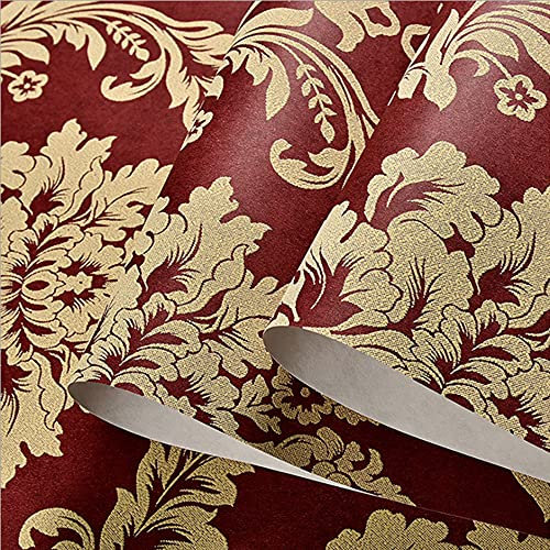 FNMHime 20.87″Wx393.7″L 3D Damask Embossed Wall Paper Modern Minimalist European Style Clothing Store Restaurant Bedroom Living Room TV Background Non-Woven Wallpaper Non-Pasted (Red)