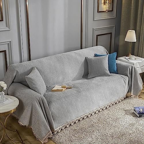 Homxi Sofahussen 3 Sitzer,180x360CM,Couchbezug Decke Einfarbig mit Spitze Überwürfe für Sofa Chenille Handtuch Sofa Grau Sofahusse Universel