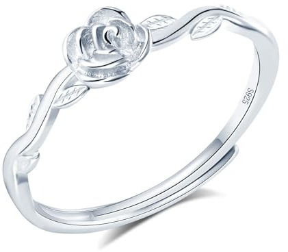 CPSLOVE Bague de Rose Réglable Elégant pour Femme Fille Anneau Ouvert en Argent 925 Bague de Fleur de Rose Créative