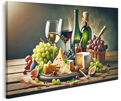 islandburner Wandbild Stillleben Wein Früchte Käse Küchenbild für Küche auf Leinwand Bilder Bild Poster