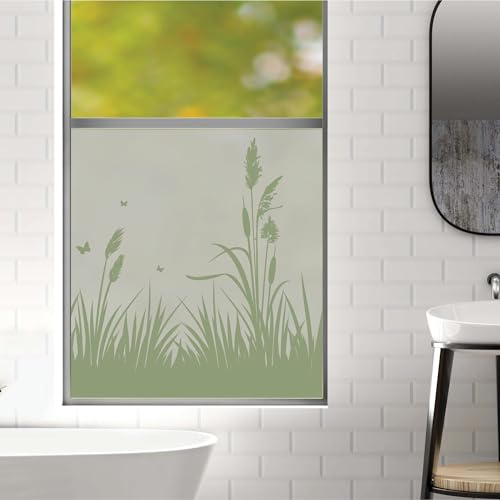 Sichtschutzfolie filigranes grünes Schilf maritim Fensterfolie Fensterdeko Milchglasfolie Fensterdekoration Wiederverwendbar, 55 cm hoch, 50 cm breit