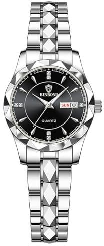 JewelryWe Damenuhr Edelstahl Uhren Damen: 30m Wasserdicht Kalender Analog Quarz Armbanduhr Frauen Silber Edelstahl Armband Lässig Business Uhr mit Schwarz Zifferblatt und Silber Leuchtzeiger