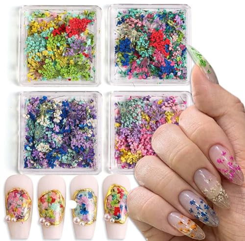 Kotkiddy 4 Box Blüten Nail Sticker, 3D Nail Art Kunstharz Blumen Sticker, Getrocknete Blumen für Nagelkunst und Kunstharz, Blumen Nagel Zubehör für Nagel Dekor