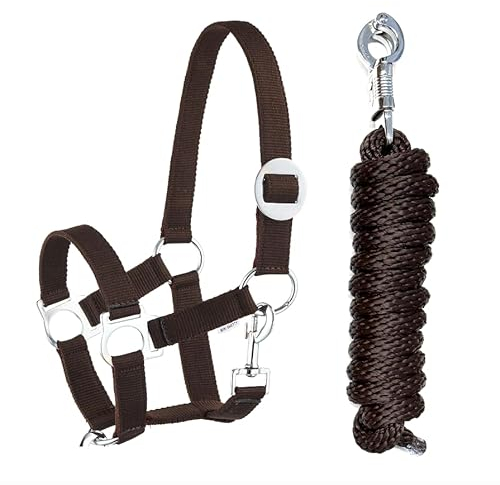 Halfter Führstrick Set mit Karabinerhaken verstellbar Pferdehalfter Pferd Holzpferd Anbindestrick (Panikhaken Dunkelbraun, Mini Shetty)