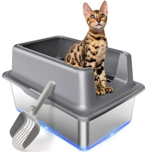Nauotk XXL Edelstahl Katzentoilette mit Deckel, 60x40x32cm Große Katzentoilette, Robuste Katzentoilette, Geruchsfrei, Leicht zu Reinigen, Katzenklo Groß mit Hoher Rand für Große Katzen und Häschen