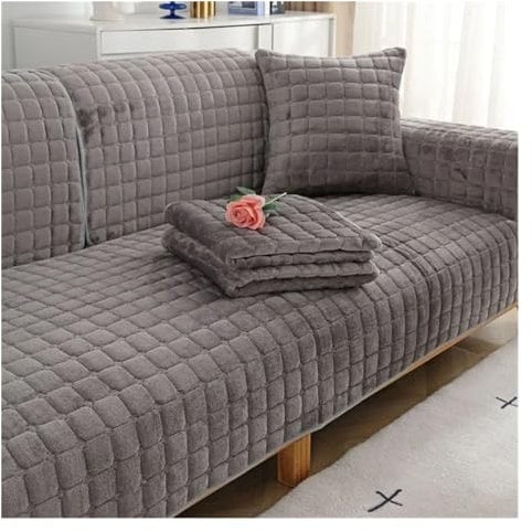Samt-Sofabezug, universal, kariert, Plüsch, rutschfest, verdickt, Wohnzimmer-Sofabezug, warmes Flanell-Sofakissen, Armlehne, Rückentuch (dunkelgrau, 110 x 240 cm, 1 Stück)
