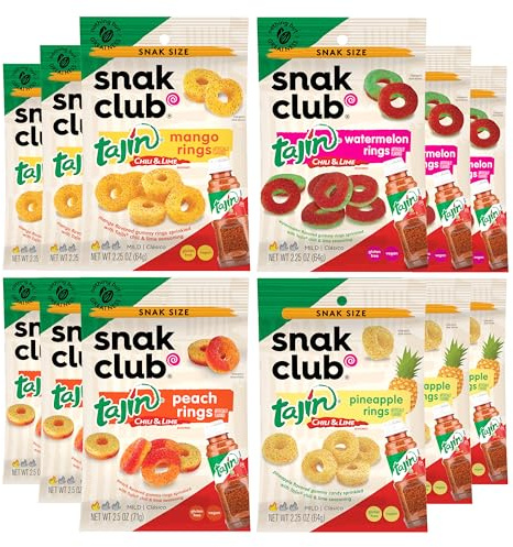 Snak Club Tajin Gummy Candy Fruchtringe, Gummis mit Chili- und Limettengewürz, mildes Gewürz, glutenfreie und vegane Snacks, verschiedene Sorten, Mango, Ananas, Pfirsich, Wassermelone, Snackgröße 12er