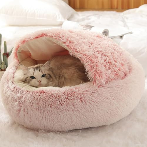 Katzenbett, Höhle, rund, weiches Plüsch, mit Kapuze, Donut, flauschiges Haustier-Schlafbett, selbstwärmendes Kuschelkissen für den Innenbereich, kleine, mittelgroße Hunde und Katzen, 60 x 60 cm