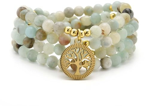 Accessori per la meditazione, 108 perle Mala, ciondolo albero della vita in oro, bracciale o collana di perle yoga per uomo o donna (Amazzonite)