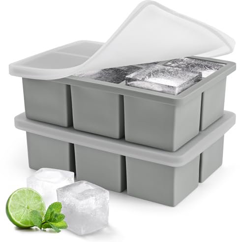 Ice Cube Tray, 2 Pack Large Silicone Ice Tray with Removable Lid BPA Free, Stackable Square Ice Cube Moulds for Freezer, Easy Release 2 Inch Ice Cube Mold for Whiskey Cocktails Baby Food【Grey】