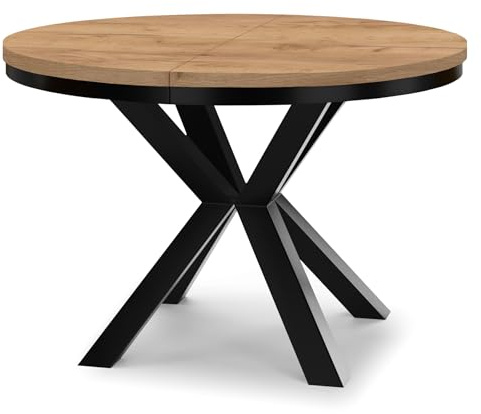 Dekori Möbel Runder Ausziehbarer Tisch für Esszimmer RAL mit Ring-Gestell, Skandinavischer Stil, Durchmesser Varianten von : 90 bis 220 cm (Eiche Craft Gold/Schwarz, 90/190 cm)