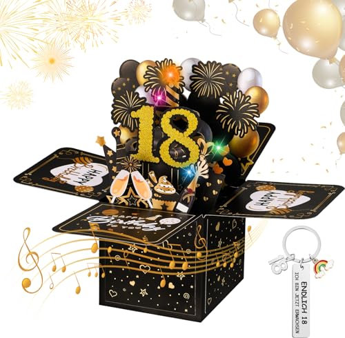 taonganui 18 Geburtstagskarte mit Musik und Licht Feuerwerk Geburtstagskarte Schwarz Pusten 3D Pop Up Karte und Schlüsselanhänger 18. Geburtstag Geschenke für Mädchen Junge Freundin