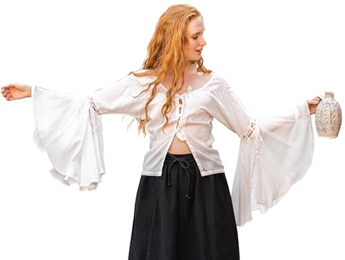 Leonardo Carbone® Damen Bluse Carmen | Trompetenärmel Mit Schnürung | Karneval, Halloween, Cosplay, LARP, Mittelalter, Kostüm, Tunika, Gothic, Renaissance | 100% Viskose Weiß 3XL