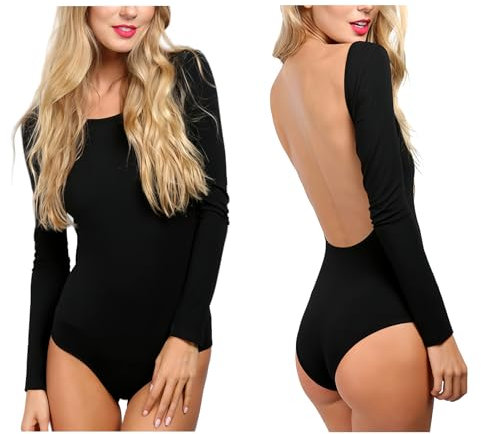 TouKingda Bodysuit for Women Long Sleeve Crew Neck Backless Ladies Jumpsuit Tops Going Out Slim Fit Casual Body Suits Leotard Clubwear(Black/L)
