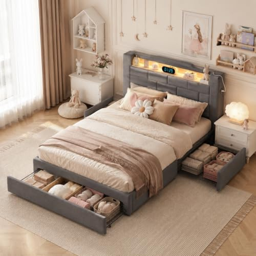 PerGar Boxspringbett 160x200 mit Led, Polsterbett Doppelbett mit 3 Schubladen, Bett mit Stauraum Kopfteil und Lattenrost, Stauraumbett Jugendbett Rückenlehne Bett, Samt, Grau, Ohne Matratze