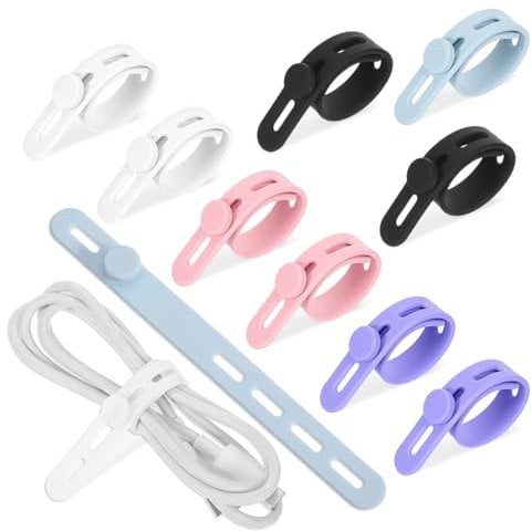 10 PCS Silicone Cable Ties, Cable Tidies for Chargers with Lock Buckle, Reusable Elastic Adjustable Cord Organiser, Wire Management Straps for Chargers Earphone Computer Home Office (13 cm, 5 Color)