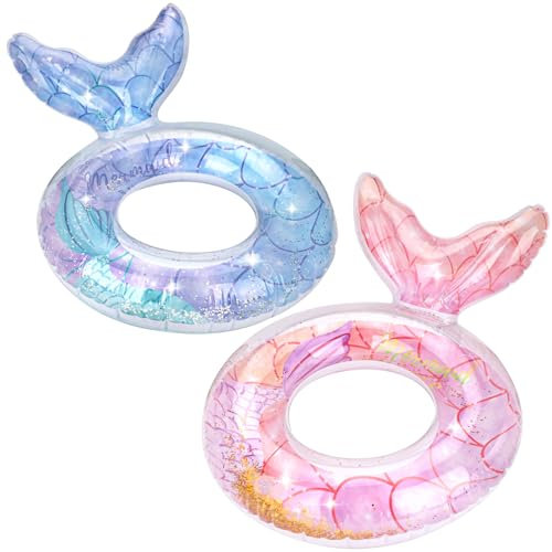 wokdsbl 2 Stück Meerjungfrau Schwimmring Aufblasbare Schwimmreifen Set, Schwimmring Baby Glitzer, Aufblasbarer Schwimmring Kinder Spielzeug, Wasserspielzeug schwimmring,Pool Party Zubehör