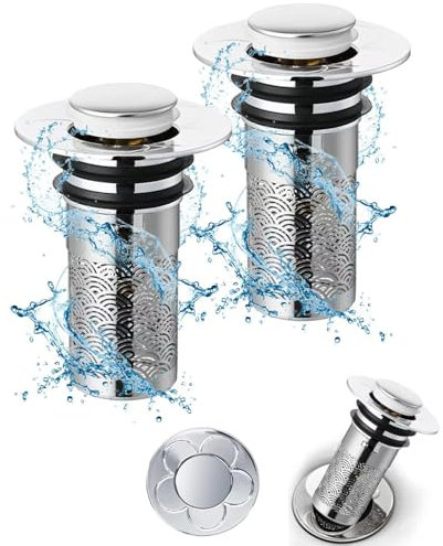 2Pezzi Confezione da Scarico Lavabo Bagno Universale Pop up,Filtro Tappo Lavandino con Filtro Anti Clogging,Valvola Piletta Cucina Bidet Vasca,Acciaio inossidabile(Per il foro di drenaggio di 34~40mm)