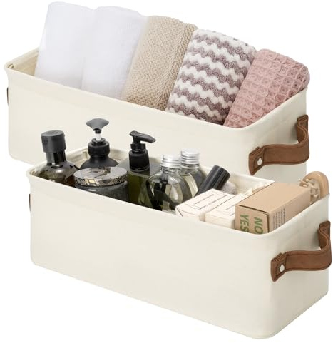StorageWorks Stoff Aufbewahrungsbox schmal, stabile Ordnungsboxen Kleiderschränke, lange Körbe Aufbewahrung mit Griffen, Badezimmer Organizer, faltbare Stoffkörbe für Regal, Naturfarbe, 2 Stück