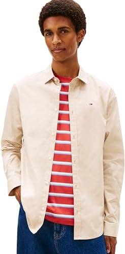 Tommy Jeans Herren Hemd Original Stretch Slim Fit, Beige (Gulf Sand), M