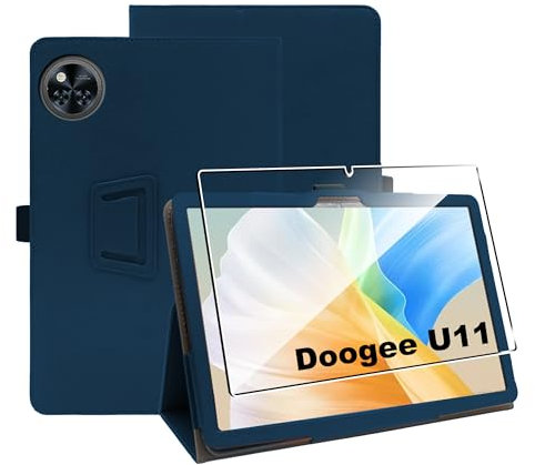 zZjoOoj Funda para Doogee U11/ U11 Pro/Teclast P50/ P50S 11 Pulgadas,Azul Oscuro PU Cuero Flip Protectora Carcasa con 1 Piezas Cristal Templado Protector de Pantalla,Antiarañazos,Sin Burbujas,HD