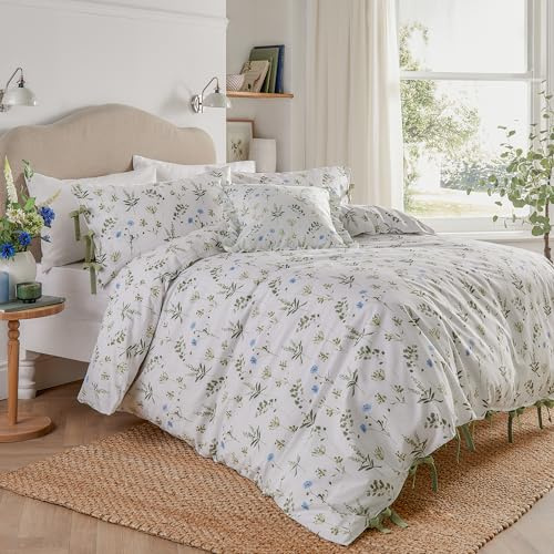furn. Wylder Meadow Duvet Cover Set – 100% Tumbled Cotton Floral Bedding with Bow Closures (White/Cornflower - Double)