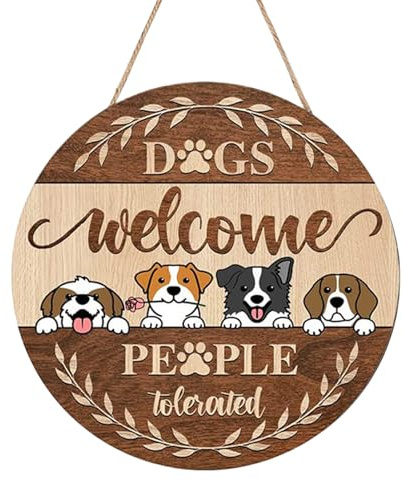 Cartel de bienvenida para perros, granja adorable de dibujos animados decoración para puertas para perros, divertido cartel para perros de bienvenida, perros bienvenidos personas toleradas cartel para