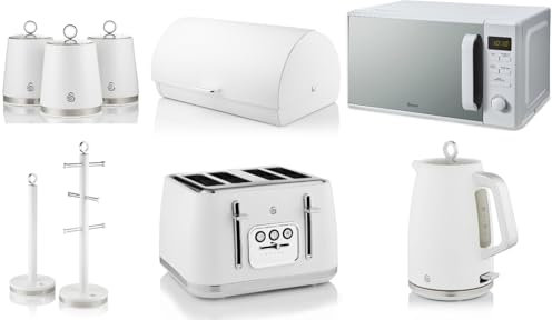 Swan Serenity White 1.7L 3KW Kettle, 4 Slice Toaster, Bread Bin, Canisters, Mug Tree, Towel Pole and Digital Microwave SM4421WHT. Contemporary Design Matching Kitchen Set of 9 in Matt White Finish
