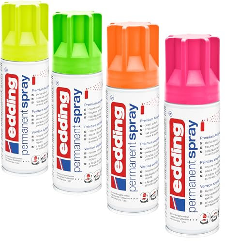 edding 5200 Permanent Spray (neon mix, 4er Set) Acryllack in den Neonfarben gelb, grün, orange und pink