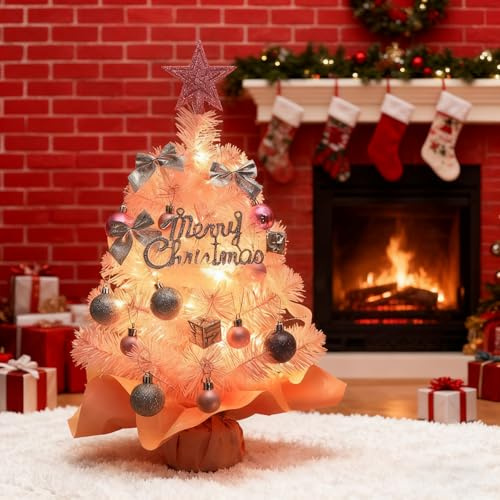 Piccolo albero di Natale 60 cm, mini albero di Natale con luci, ornamenti fai da te, palline rosa, fiocco, stella per albero di Natale, tavolo, scrivania, davanzale, decorazione per la casa (rosa)