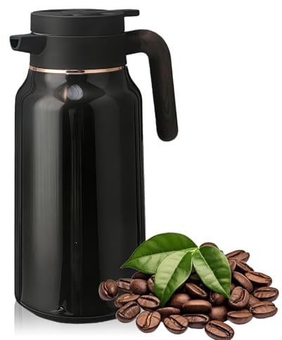 Thermoskanne 2L, Thermoskanne 2 Liter 304 Edelstahl Doppelwandige Isolierkanne mit Press-Verschluss, Kaffeekanne mit Holzoptik Griff, 36 Stunden heiße/kalte Teekanne Thermo für Kaffee Tee Wasser Milch