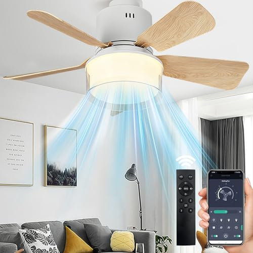 YumSur E27 Ceiling Fan Light with Remote Control,3 Speed 3 Color Temperature Led Ceiling Fan Light Dimmable,400r/Min 3000-6500k Quiet Bedroom Fan for Bedroom Living Room Home (style3 Wood Color)