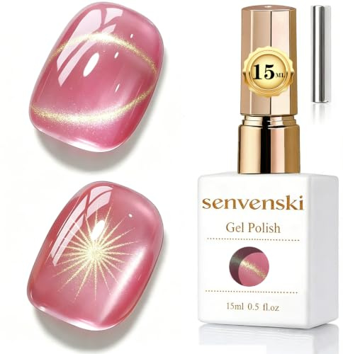 Senvenski Jelly Glass Cat Eye Gel Nail Polish with Magnet 15ML Magnetic 3D Galaxy Holographic Glitter Translucent Sheer Color Gel Polish Salon Home DIY (Fuchsia Pink, MY1-051)