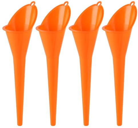 4 Pack 11 Inch Orange Plastic Funnels for Oil, Fuel, Water & Diesel | Easy-pour long-neck spouts fit engine caps and petrol tanks. Prevents spills, reusable, for automotive fluids.