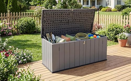 Panana Outdoor Garden Plastic Storage Utility Chest, Grey, 55.9x26.4x25 inch Lockable Lid with Hydraulic Hinges, Built-in Removable Divider