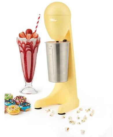 Giles & Posner Funfair Batidora para milkshakes, 500 ml, 2 velocidades | Cuchilla de acero inoxidable, vaso de acero inoxidable con marcas de medida, clips de sujeción, acabado amarillo mate, 100 W