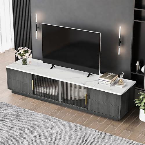 Yihomfy Meuble TV Gris Foncé 160x40x38.5 cm - Meuble Tele avec Plateau Marbre, 4 Tiroirs Push-to-Open, Gestion Câbles, pour TV 70 Pouces