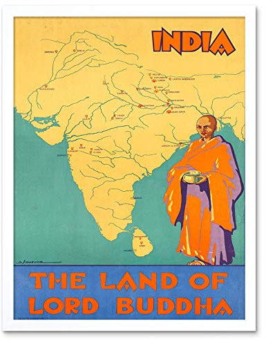 Wee Blue Coo Travel Tourism India Land Buddha Map River Art Print Framed Poster Wall Decor Kunstdruck Poster Wand-Dekor-12X16 Zoll