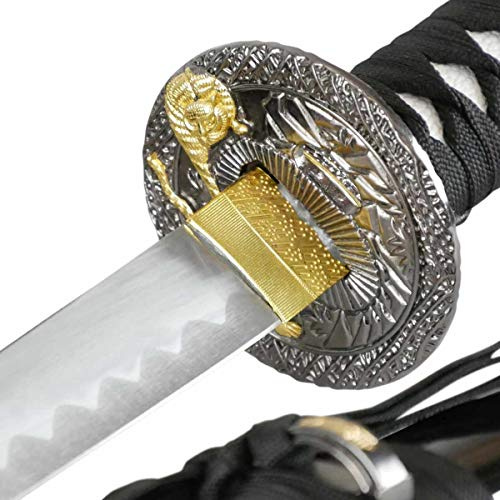 Katana Black Tiger Samuraischwert Deko stumpf mit Schwertständer + Zubehör | Wertiges Dekorationsschwert mit stumpfer Klinge