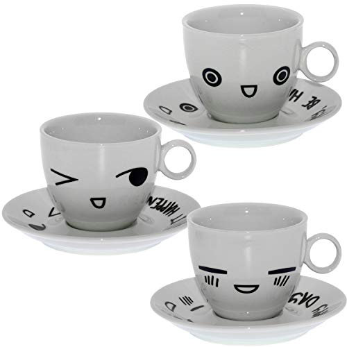 Set de 6 Tazas de té con Plato de Porcelana y con Caras en Blanco y Negro 9x7,5cm, Plato 14cm