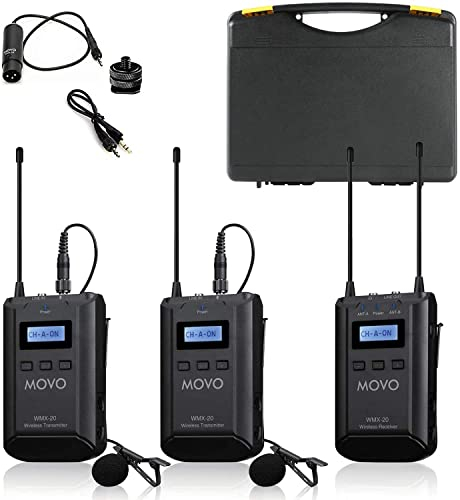 Movo WMX-20 48-Kanal-UHF-Drahtlos-Lavaliermikrofonsystem mit 1 Empfänger, 1 Sender und 1 Ansteckmikrofon, kompatibel mit DSLR-Kameras (100 m Audio-Reichweite)