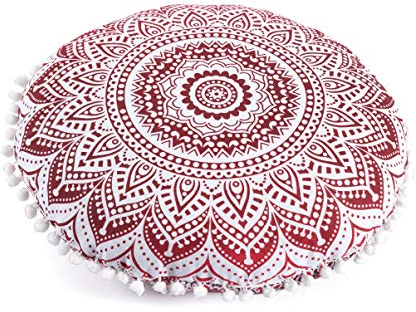 Runder Mandala-Hippie-Kissenbezug – Hippie-Kissenbezug – Ombre Pouf Shams – Meditationssitzung Ottomane Überwurf Dekorative Böhmische Pom Pom Bodenkissen – 45,7 cm rot