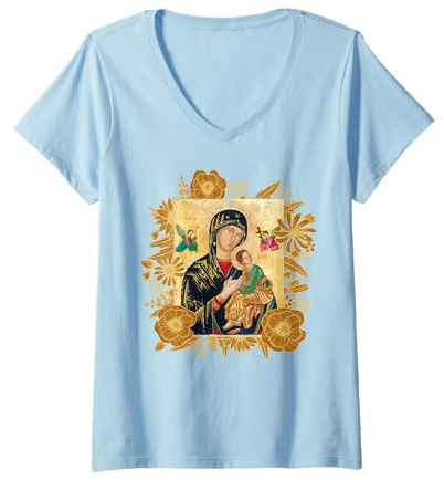 Femme Notre-Dame de l'Éternelle Aide Marie Icône Catholique T-Shirt avec Col en V