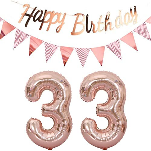 Luftballons 33.geburtstag deko frauen rosegold+Happy Birthday Girlande +Wimpelkette 40Zahlen Ballon 33 Luftballons 33 Jahre Geburtstag Dekoration frau Geburtstagdeko 33 Geburtstag deko rosegold(33)